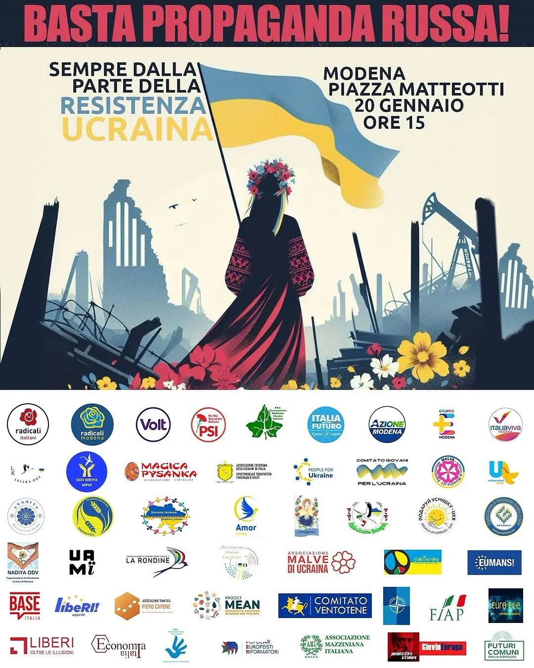 Locandina “Basta propaganda russa — sempre dalla parte della resistenza ucraina”: Modena, Piazza Matteotti, 20 gennaio ore 15