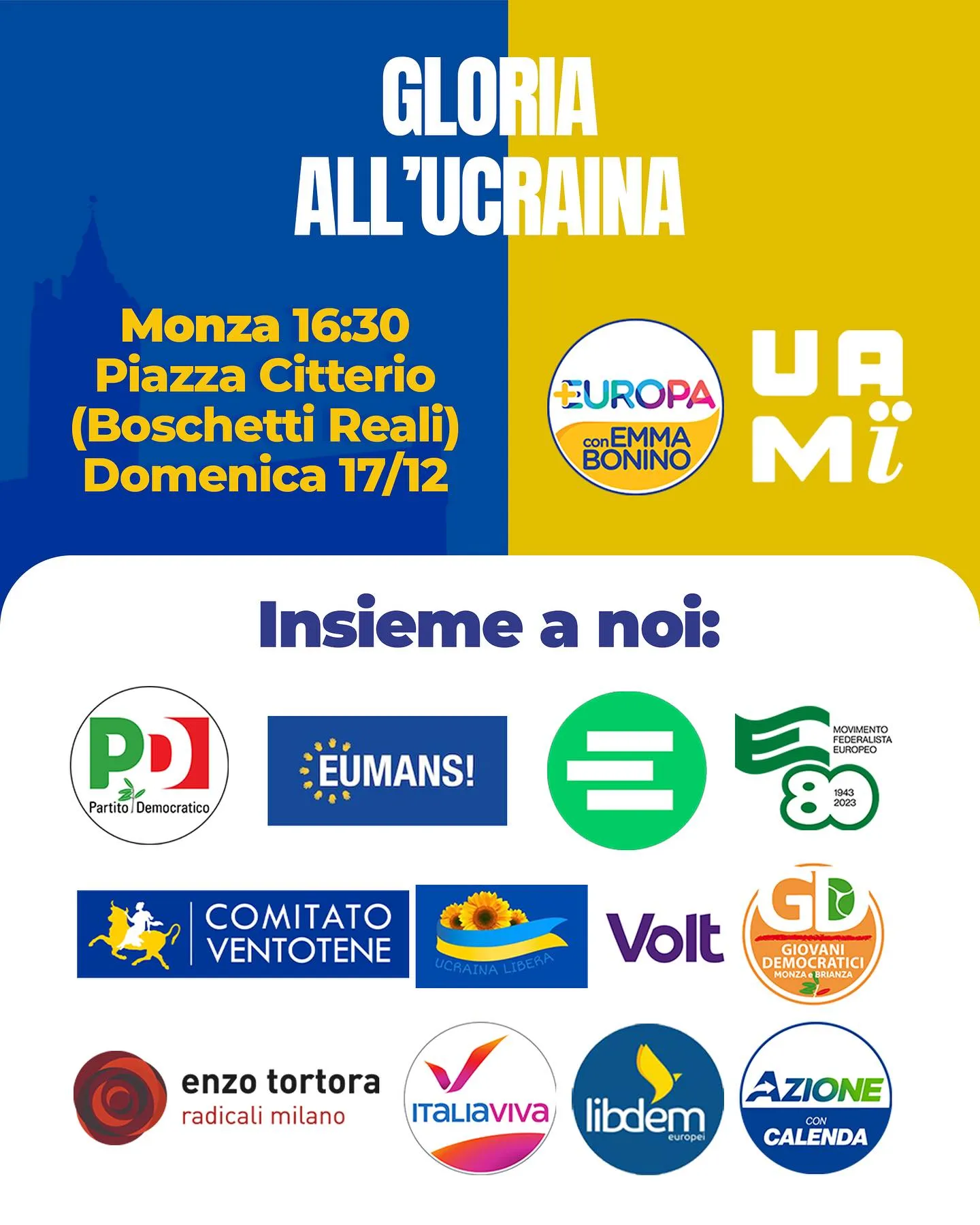 Locandina “Gloria all’Ucraina”: Monza, Piazza Citterio ai Boschetti Reali, domenica 17 dicembre ore 16:30